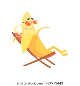 Happy banana sitting in a chaise longue and enjoying its rest, cartoon funny fruit character vector Illustration