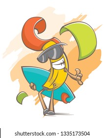 happy banana surfer on the kite beach showing hang loose sign