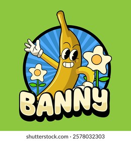 Happy Banana Tropical Summer Vibes Cartoon Character in Retro Vintage Style