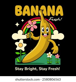 Happy Banana Tropical Summer Vibes Cartoon Character in Retro Vintage Style