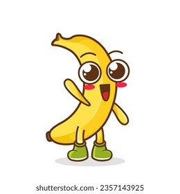 A happy banana waving its hands. Cute funny banana fruit waving hand character