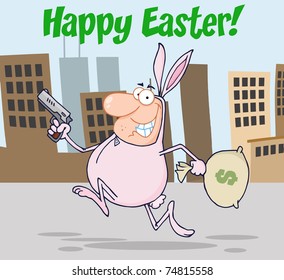 Happy Bandit Running With Easter Rabbit Costume Greeting Card