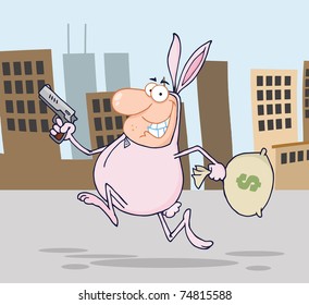 Happy Bandit Running With Easter Rabbit Costume In City