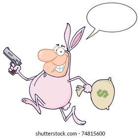 Happy Bandit Running With Easter Rabbit Costume And Speech Bubble