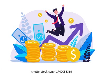 Happy banker jumping over coins flat vector illustration. Cartoon rich businessman celebrating finance growth. Market and income chart concept