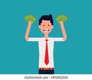 Happy with banknotes of money. Vector illustration joyful concept, Financial, Finance and Economy, Happy flat cartoon design.