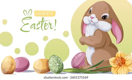 Happy  Banner Design with Cute Bunny and Colorful Eggs. Happy Easter Celebration. Spring Vector Background for Cards, Posters, Advertising, and Social Media. Perfect for Festive Promotions and Holiday