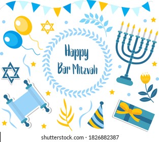 Happy bar mitzvah set. Collection of design elements for Jewish holiday birthday with menorah, torah, balloons, gifts. Vector illustration, clip art