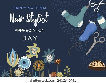 Happy Barber Appreciation Day vector, vector, holiday concept. Template for background, banner, postcard, poster, t-shirt with text inscription on dark background, flowers, hairdresser accessories.