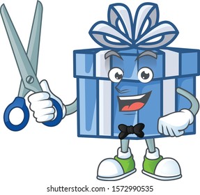 Happy Barber blue gift box mascot cartoon character style
