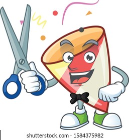 Happy Barber exploding confetti mascot cartoon character style