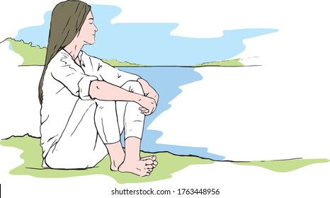 Happy barefoot woman with white clothes and closed eyes sitting in nature, relaxing, observing a river, thinking and meditating.