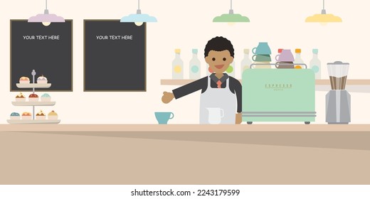 Happy barista behind counter bar in cafe vector illustration. Coffee business flat design.