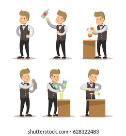 Happy Barista Cartoon. Barman with Cocktails. Vector character illustration