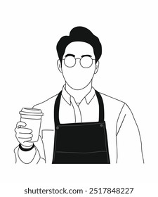 Glücklicher Barista mit Kaffeetasse zum Mitnehmen. 