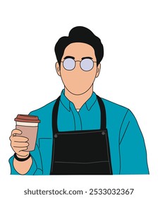 Feliz barista com xícara de café levar. Jovem no avental, dono de uma pequena empresa. Desenho de esboço colorido com contorno vetorial isolado sobre fundo branco.	