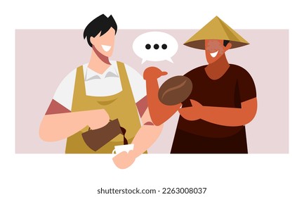 happy barista and coffee farmer chatting. male barista making coffee, farmer holding coffee bean. concept of coffee, nature, plants. flat vector illustration.