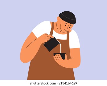 Barista feliz haciendo arte de café con café con leche. Un personaje masculino guapo preparando capuchino en café. Hombre en delantal y sombrero de beanie vertiendo leche de la jarra en una taza. Ilustración vectorial del amante del café