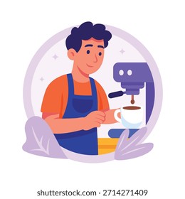 Happy barista making coffee with a coffee machine, flat illustration