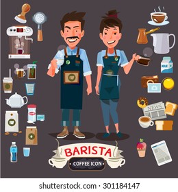 happy barista man and women holding cup and jug. character design with set of coffee and barista's equipment - vector illustration