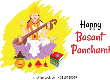 Happy Basant Vasant Panchami Greeting Card Design With Creative Illustration Of Goddess Saraswati svg
