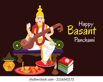 Happy Basant Vasant Panchami With Indian Goddess Saraswati Illustration svg
