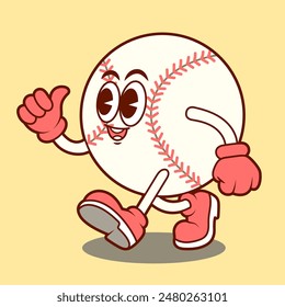 el personaje de la mascota de la bola de béisbol feliz pulgar hacia arriba con el estilo retro vintage, estético y fresco.