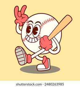 personaje de mascota de bola de béisbol feliz sosteniendo el bate de béisbol con estilo retro vintage, estético y fresco. diseño divertido y de dibujos animados, bueno para el icono, mascota, logotipo y camiseta