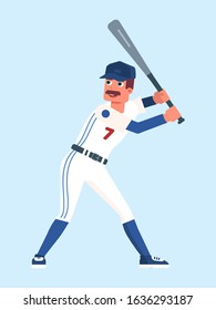 Happy baseball player wearing sportswear holding bat isolated on blue. Professional game league player. Sportsman cartoon character. Sports hobby and active lifestyle. Vector flat illustration