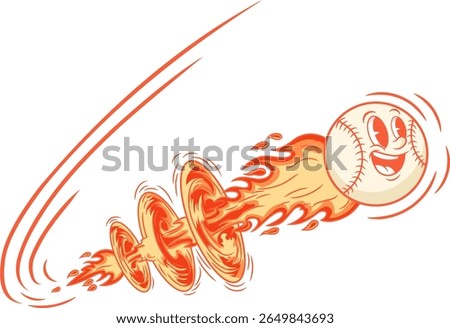 A happy baseball rockets through the air, leaving a fiery trail of energy.