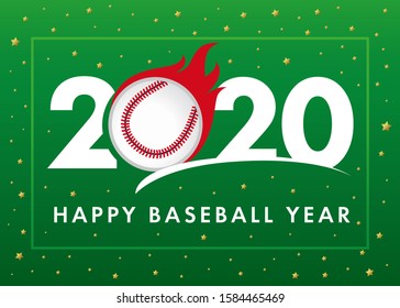 Happy Baseball Year 2020 text with ball in flame on green background. Merry Christmas vector illustration with 2, ball and 20 number, invitation card for winter baseball tournament