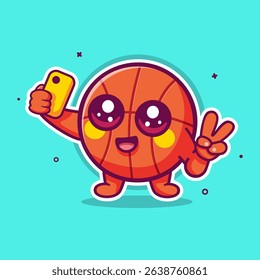 happy basketball ball character mascot taking a selfie with a smartphone isolated cartoon 