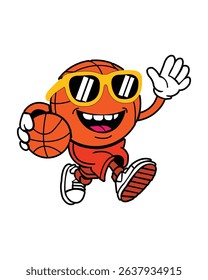 Happy Basketball Cartoon Mascot with Sunglasses - Fun and Playful Illustration for Youth Sports Graphics, Merchandise, and Social Media Posts