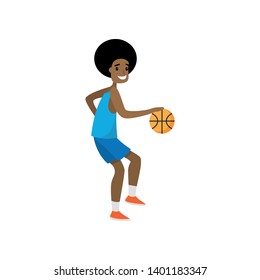Happy basketball player dribble all opponent team players