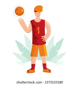 Happy basketball player in uniform with ball isolated on white background. Young male athlete playing with the ball. Cartoon vector illustration. Sport competitions. Sports lifestyle. Flat style. 