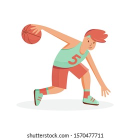 Happy basketball player in uniform playing with a basketball ball. A Young athlete is playing a sports game. Cartoon vector illustration. 