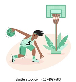Happy basketball player in uniform throws the ball into the basketball basket. A young athlete plays a sports game. Cartoon vector illustration. Sports and healthy lifestyle. Flat style.