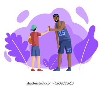 Happy Basketball Players Giving High Five Flat Vector Illustration. Sport Training, Activity. Team Spirit, Coach In Uniform And Little Basketball Player With Ball Cartoon Characters