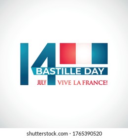 Happy Bastille Day, 14 July. Vive la France! Decorative French flag ribbon. Typographic banner. Vector illustration.