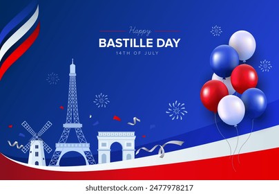 Happy Bastille Day 14 July with wavy ribbon, Eiffel Tower, balloons and fireworks in dark blue background. French National day vector illustration template for web, banner, flyer, poster.