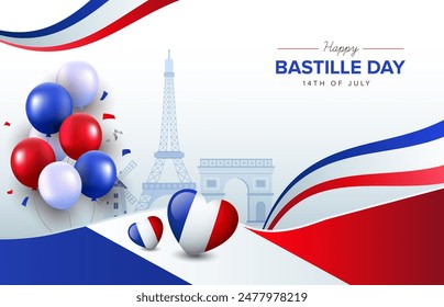 Happy Bastille Day 14 July background with wavy French Flag, Eiffel Tower, balloons and confetti. French National day vector illustration template for web, banner, flyer, poster.