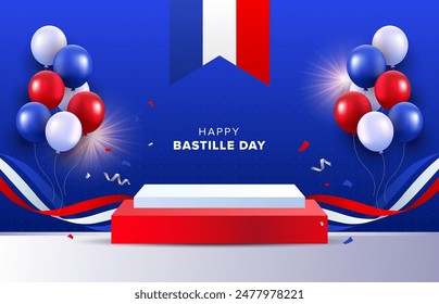 Happy Bastille Day 14 July rectangle podium design with wavy flags, balloons and confetti on dark blue background. French National day vector illustration template for web, banner, flyer, poster.