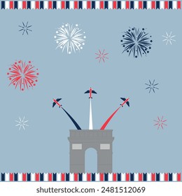 Happy Bastille Day 14 july vector illustration. French Flag, airplanes and Triumphal arch in flat design. Bonne Fete Nationale.