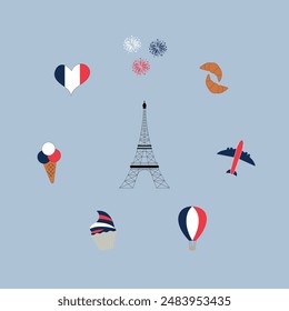 Happy Bastille Day 14 july vector illustration. French Flag, airplanes and Eiffel in flat design. Bonne Fete Nationale.