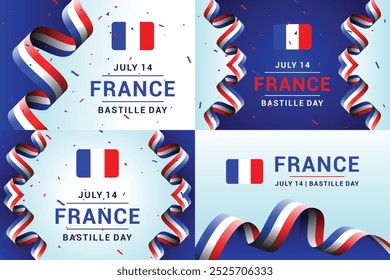 Happy Bastille Day 14 July design with wavy ribbon