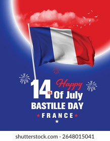 Happy Bastille Day 14 July with French Flag. French National day vector illustration template for web, banner, flyer, poster.