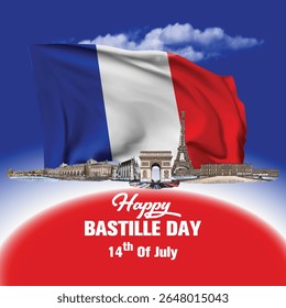 Happy Bastille Day 14 July with French Flag. French National day vector illustration template for web, banner, flyer, poster.