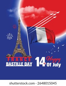 Happy Bastille Day 14 July with French Flag. French National day vector illustration template for web, banner, flyer, poster.