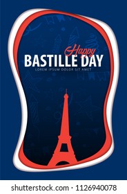 Happy Bastille Day. 14th of July. France. Paper cut Style. Vector Illustration
