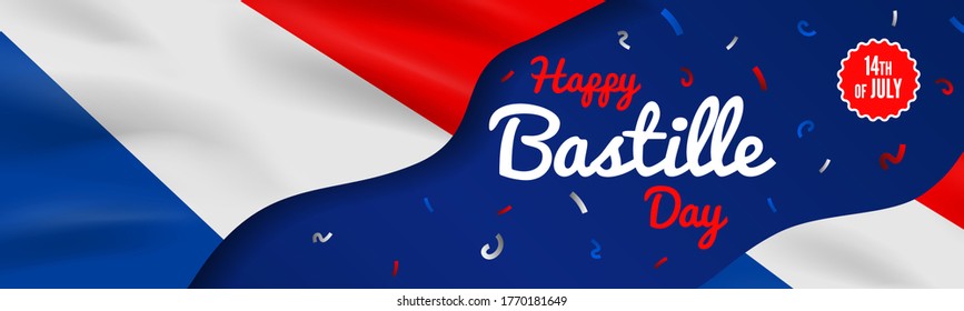 happy bastille day 14th of july France independence  banner  with french flags on dark blue background